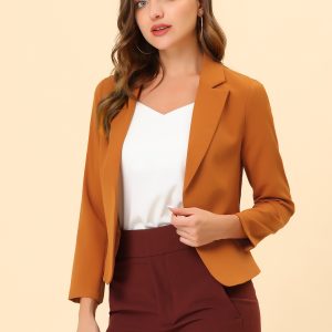 Open Front Office Work Business Crop Suit Blazer Jacket Dark Orange/XS - Allegra K catalog