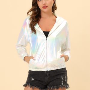 Holographic Party Shiny Lightweight Zipper Hooded Metallic Jacket White Holographic/S - Allegra K catalog