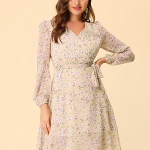 Chiffon Floral V Neck Tie Waist Bishop Sleeve Casual Wrap Midi Dress Apricot/S - Allegra K catalog
