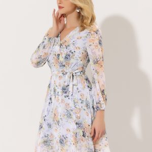 Chiffon Floral V Neck Tie Waist Bishop Sleeve Casual Wrap Midi Dress Light Purple/XS - Allegra K catalog
