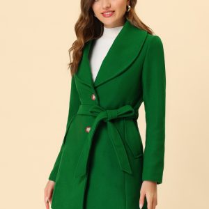 Shawl Collar Single Breasted Winter Long Belted Coat Pea Green/XS - Allegra K catalog