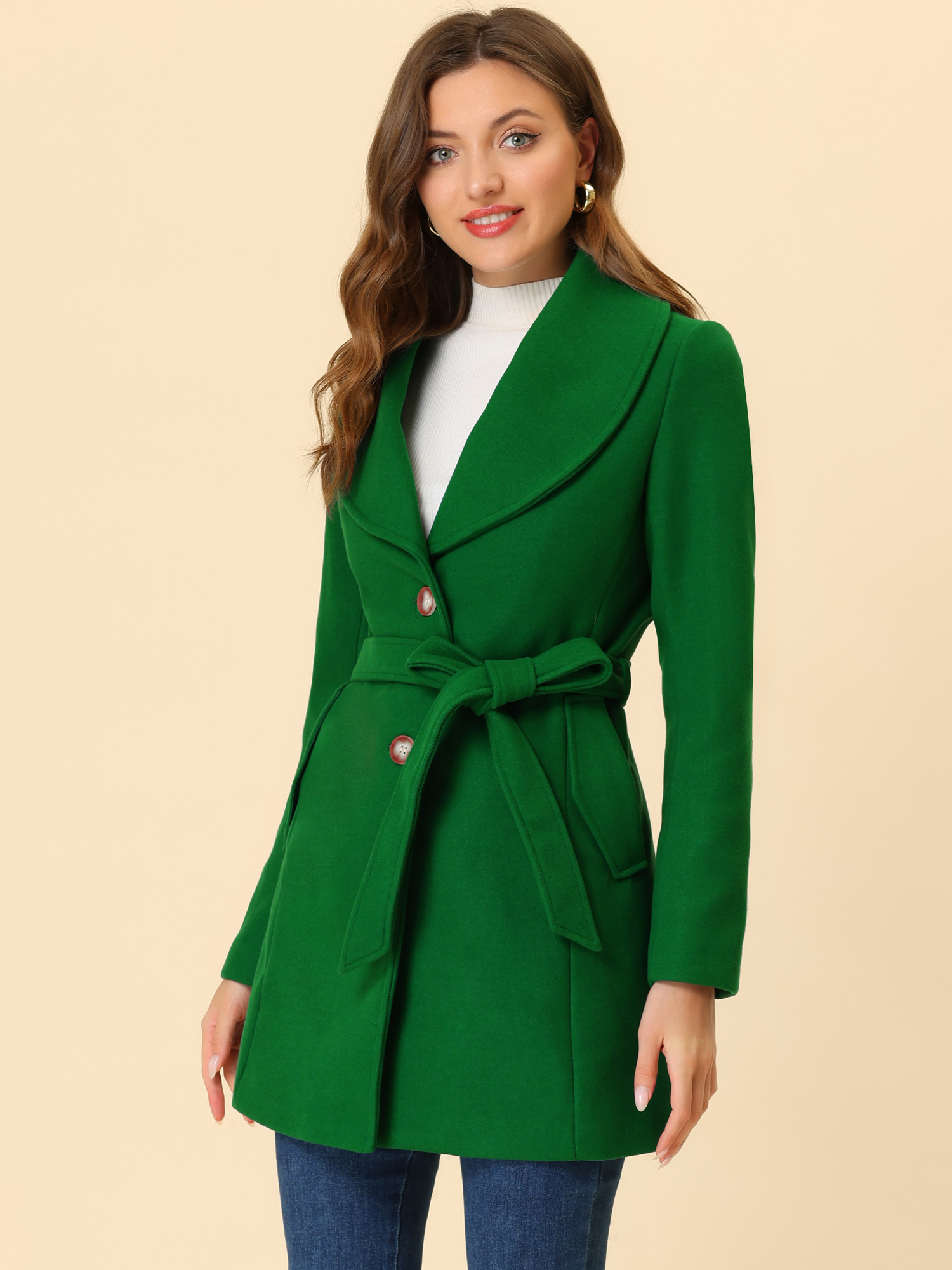 Shawl Collar Single Breasted Winter Long Belted Coat Pea Green/S - Allegra K catalog