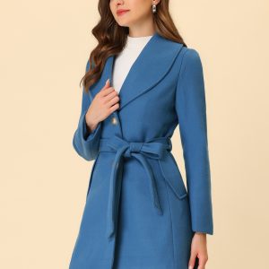 Shawl Collar Single Breasted Winter Long Belted Coat Dark Blue Grey/S - Allegra K catalog