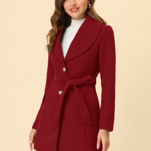 Shawl Collar Single Breasted Winter Long Belted Coat Dark Red/XS - Allegra K catalog