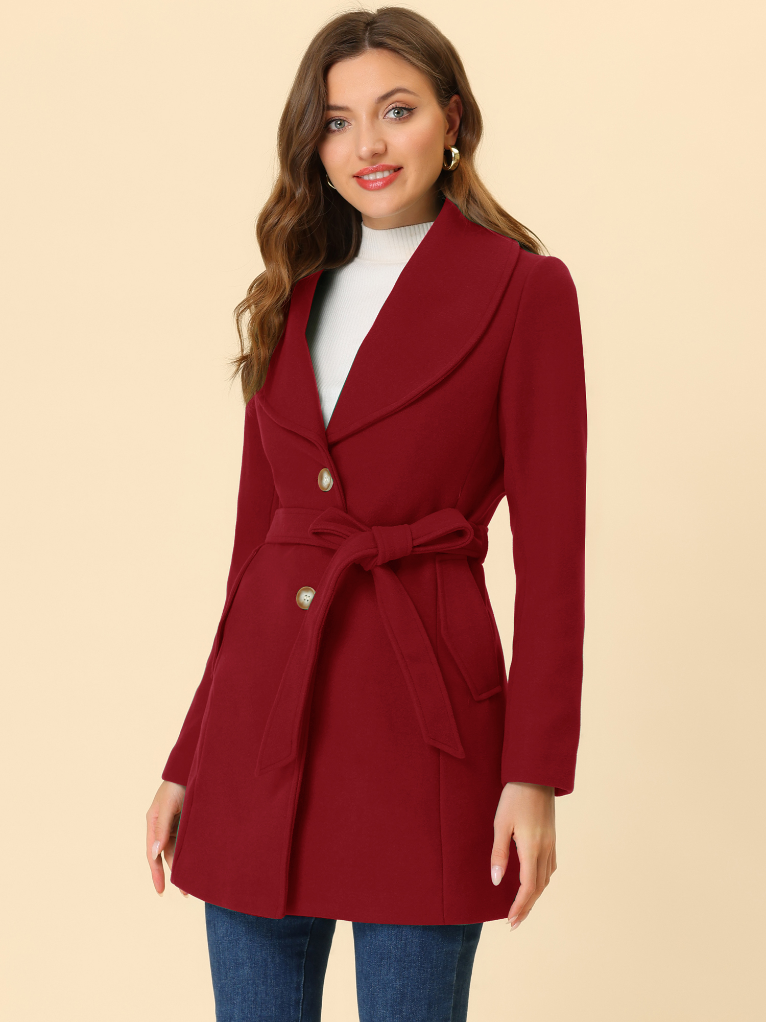 Shawl Collar Single Breasted Winter Long Belted Coat Dark Red/XS - Allegra K catalog