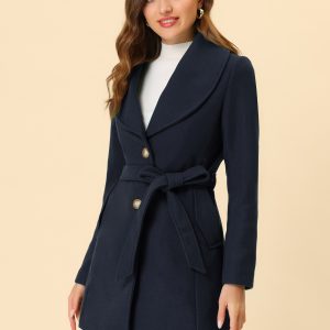 Shawl Collar Single Breasted Winter Long Belted Coat Dark Blue/S - Allegra K catalog