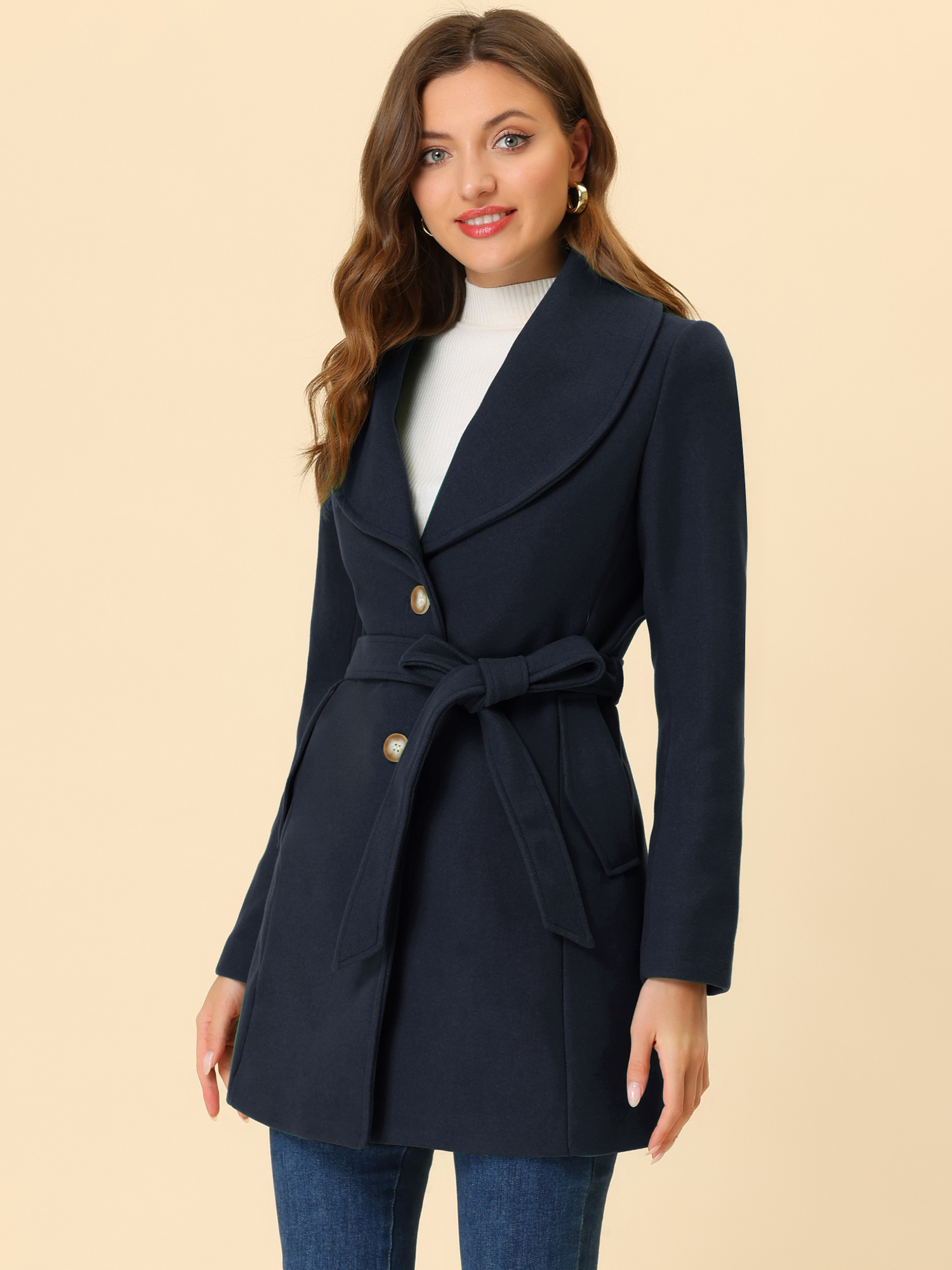 Shawl Collar Single Breasted Winter Long Belted Coat Dark Blue/L - Allegra K catalog