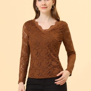 Floral Embroidery Sheer Long Sleeve Lace Blouse Top Brown/XS - Allegra K catalog