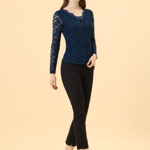 Floral Embroidery Sheer Long Sleeve Lace Blouse Top Dark Blue/XL - Allegra K catalog