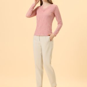 Floral Embroidery Sheer Long Sleeve Lace Blouse Top Pink/XS - Allegra K catalog