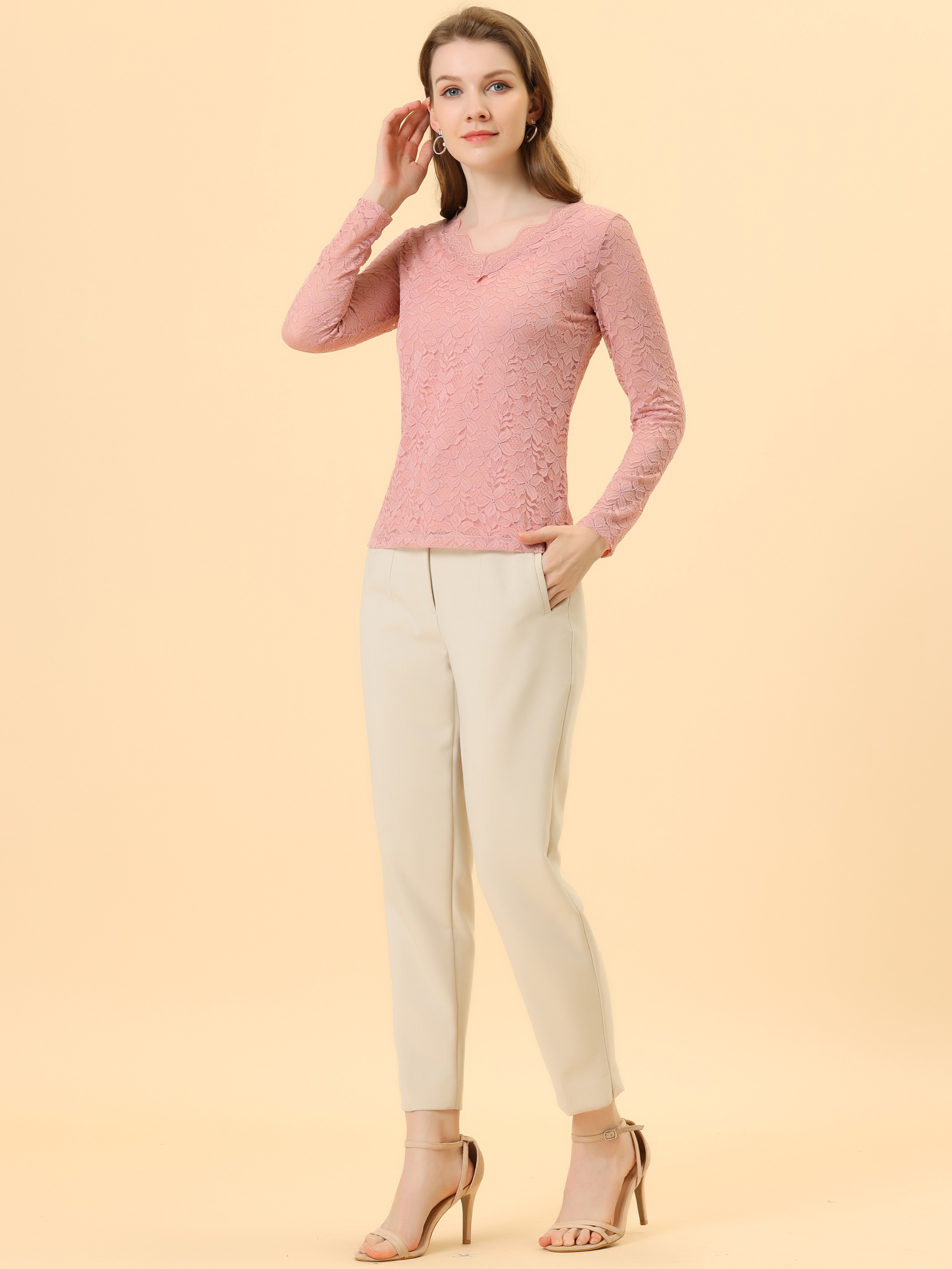 Floral Embroidery Sheer Long Sleeve Lace Blouse Top Pink/XL - Allegra K catalog