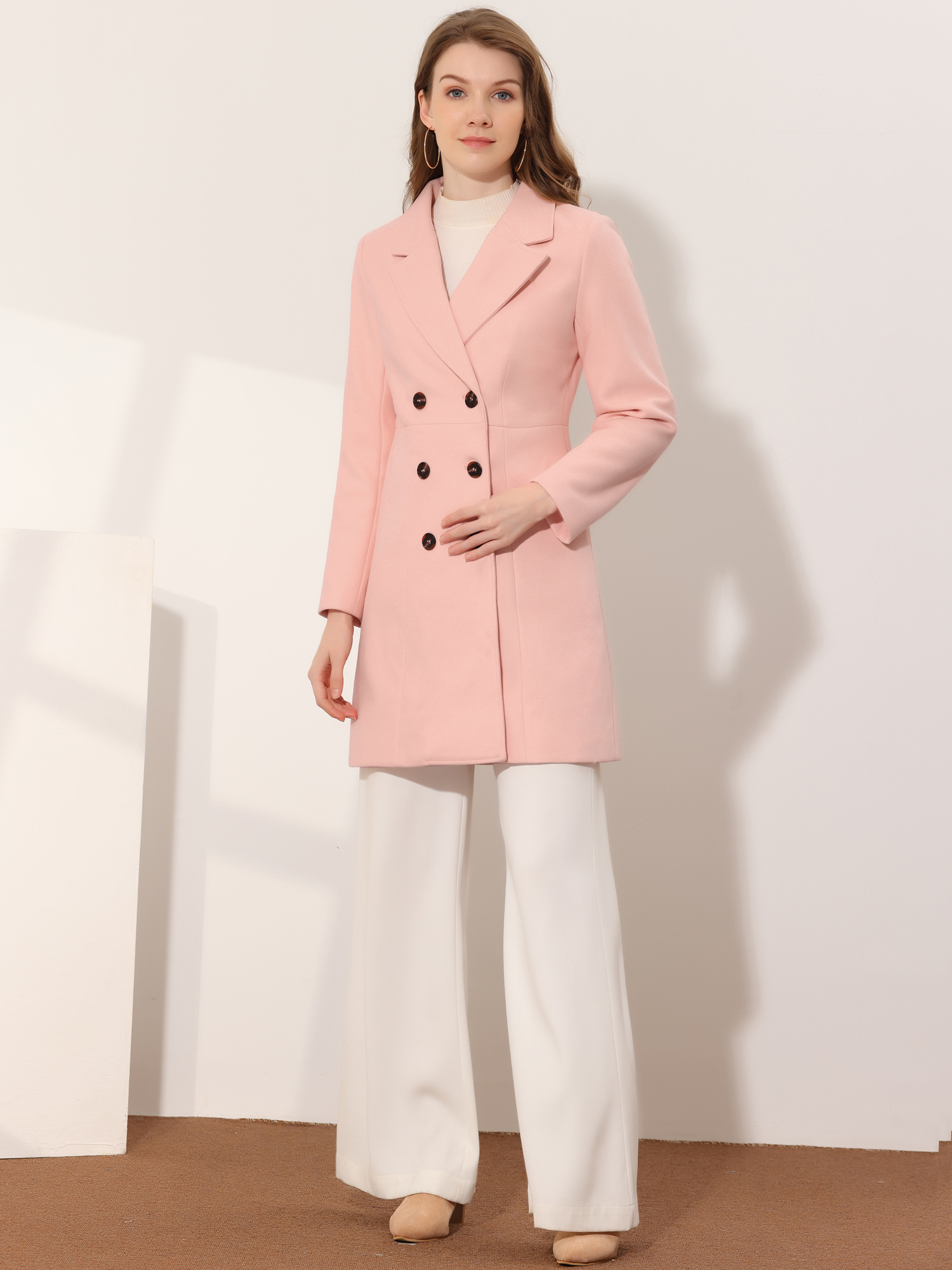 Notched Lapel Double Breasted Outwear Winter Long Coat Pink/XS - Allegra K catalog
