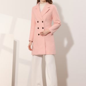 Notched Lapel Double Breasted Outwear Winter Long Coat Pink/L - Allegra K catalog