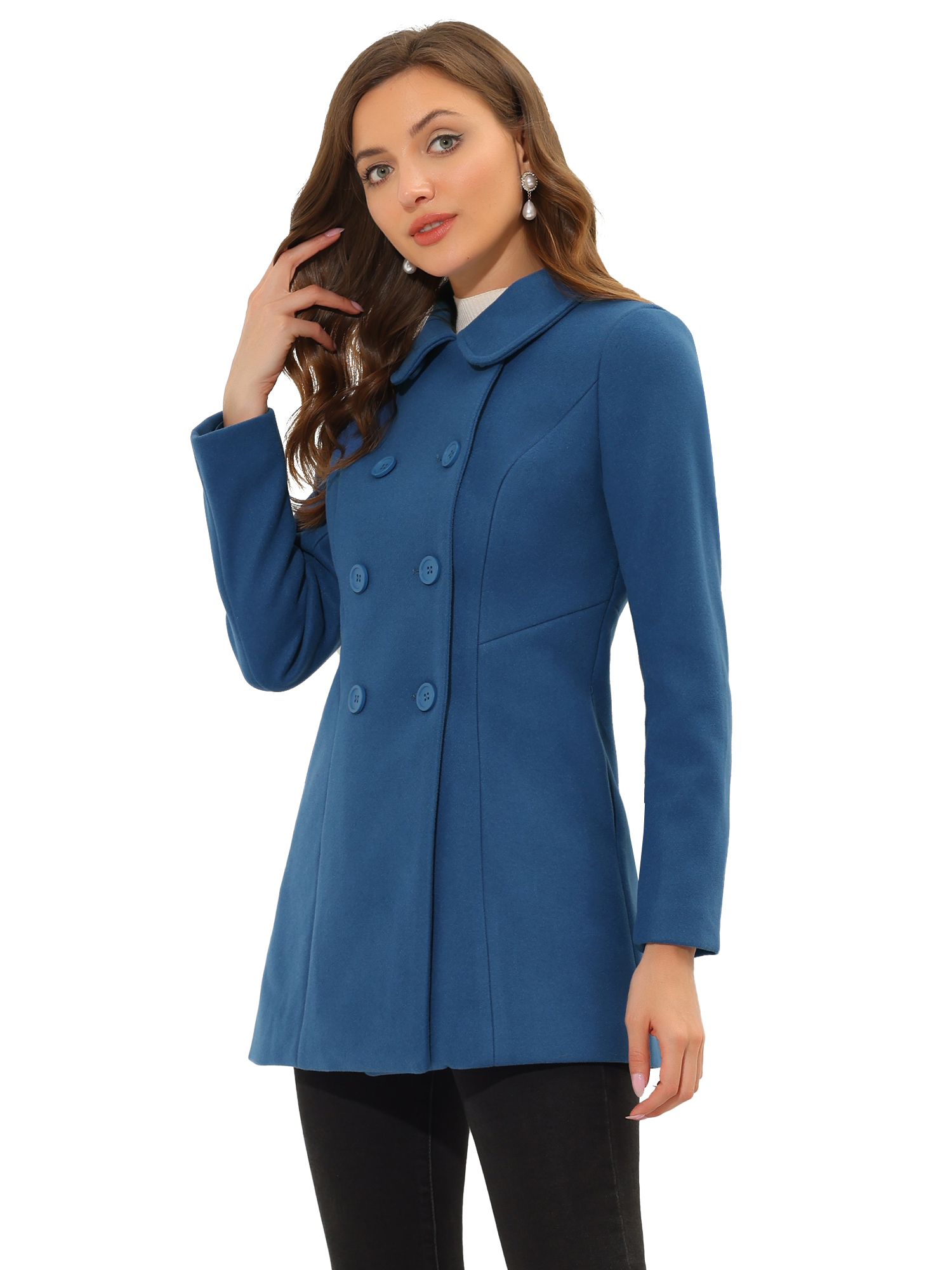 Peter Pan Collar Double Breasted Long Trench Pea Coat Dark Grey Blue/XS - Allegra K catalog