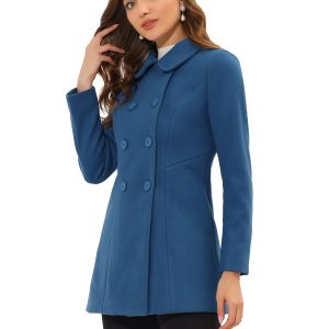 Peter Pan Collar Double Breasted Long Trench Pea Coat Dark Grey Blue/M - Allegra K catalog