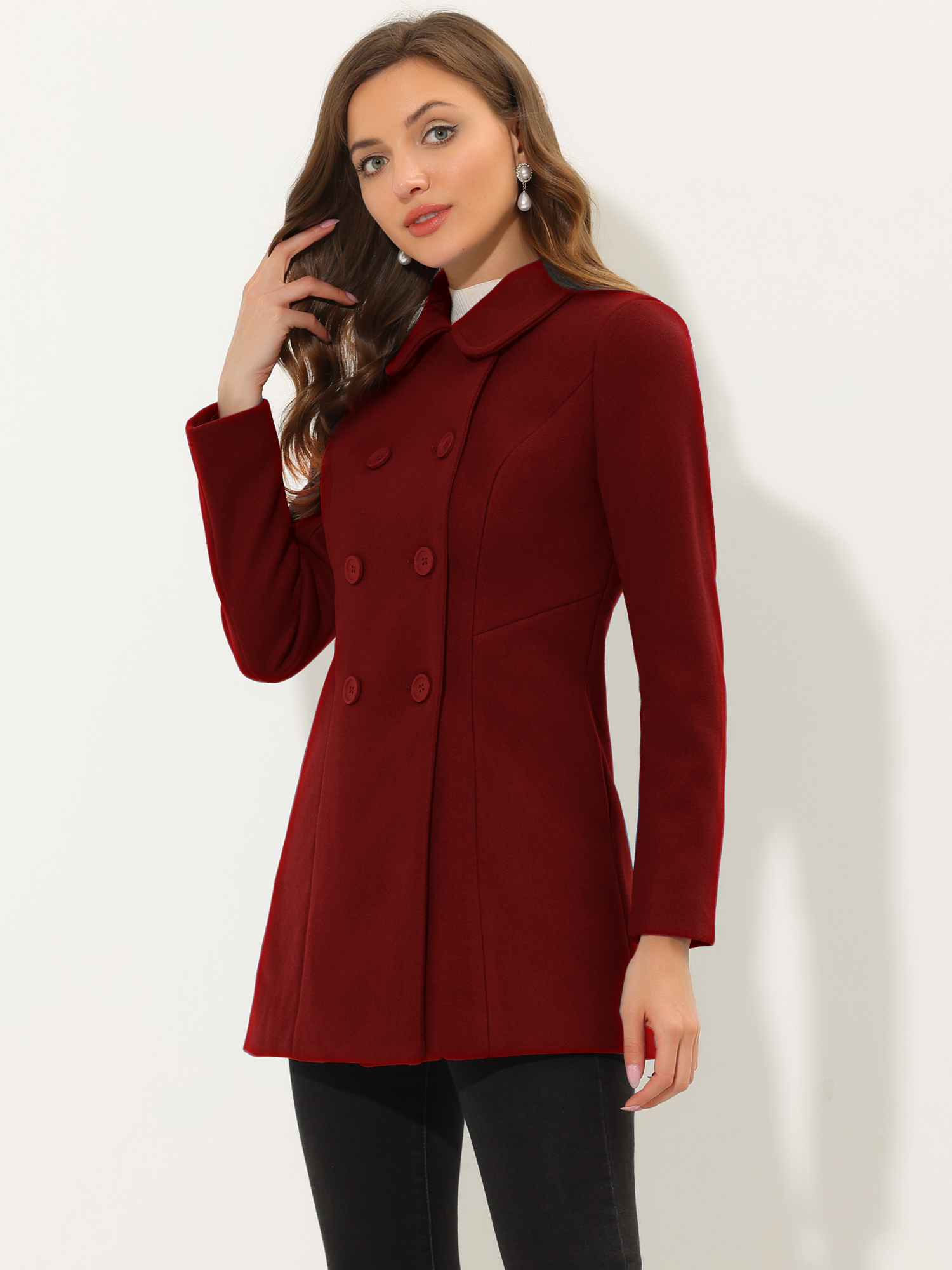 Peter Pan Collar Double Breasted Long Trench Pea Coat Dark Red/S - Allegra K catalog
