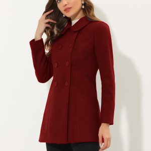 Peter Pan Collar Double Breasted Long Trench Pea Coat Dark Red/L - Allegra K catalog