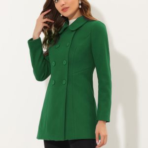 Peter Pan Collar Double Breasted Winter Long Trench Pea Coat Grass Green/XS - Allegra K catalog