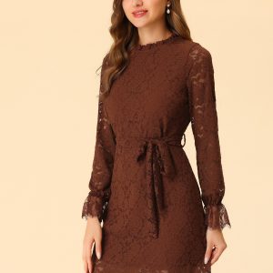 Lace Floral Ruffle Crew Neck Cocktail Mini Dress Caramel/XL - Allegra K catalog