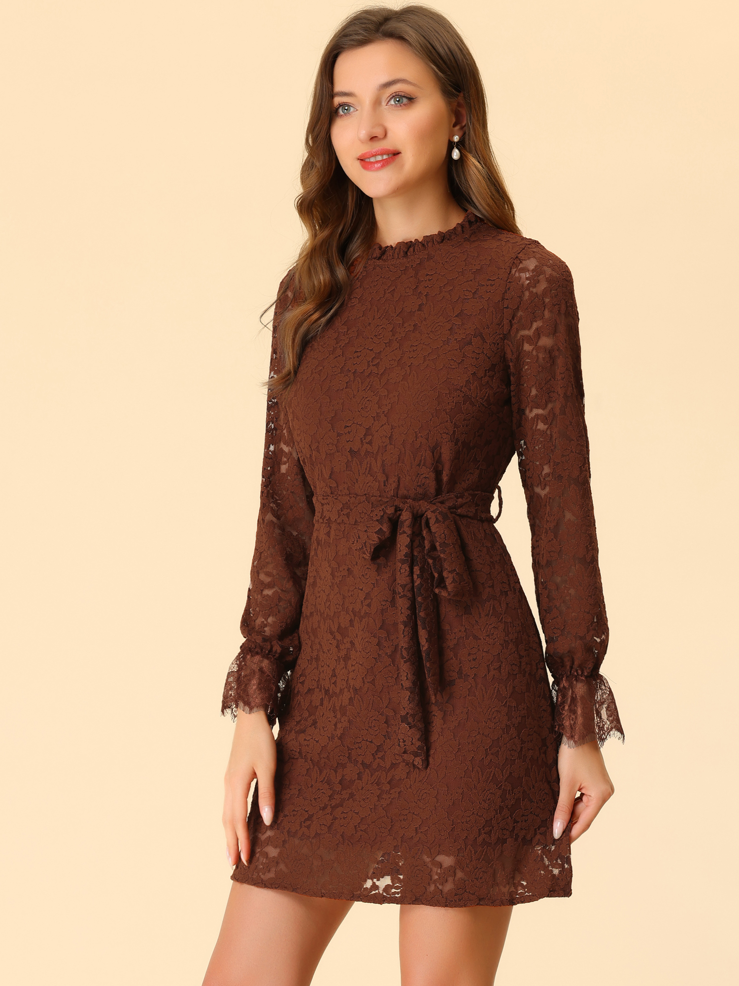 Lace Floral Ruffle Crew Neck Cocktail Mini Dress Caramel/XL - Allegra K catalog