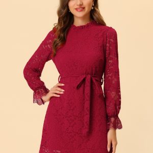 Lace Floral Ruffle Crew Neck Cocktail Mini Dress Red/S - Allegra K catalog