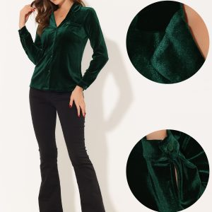 Velvet Blouse Collared Long Sleeve Button Down Shirt Top Dark Green/S - Allegra K catalog