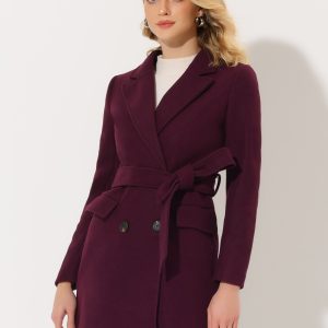 Notch Lapel Double Breasted Belted Mid Long Outwear Winter Coat Burgundy/M - Allegra K catalog
