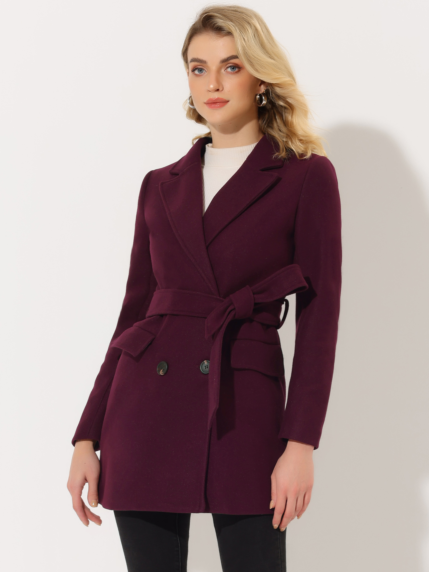 Notch Lapel Double Breasted Belted Mid Long Outwear Winter Coat Burgundy/L - Allegra K catalog