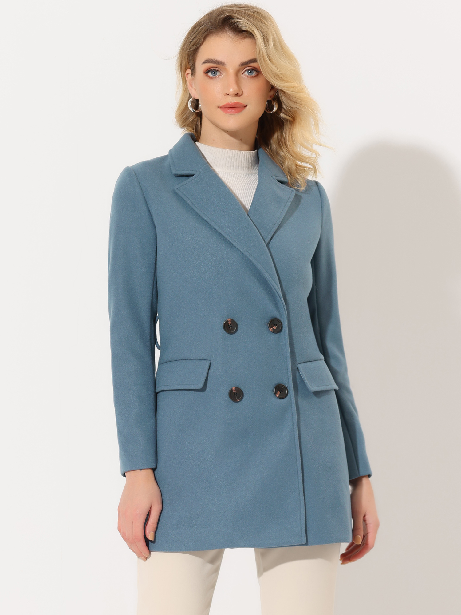 Notch Lapel Double Breasted Belted Mid Long Outwear Winter Coat Grey Blue/S - Allegra K catalog
