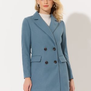 Notch Lapel Double Breasted Belted Mid Long Outwear Winter Coat Grey Blue/M - Allegra K catalog