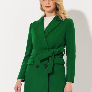 Notch Lapel Double Breasted Belted Mid Long Outwear Winter Coat Dark Green/M - Allegra K catalog