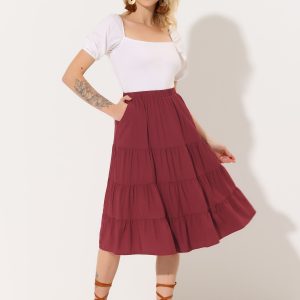Midi Solid Elastic Waist Flare Tiered Long Pockets A-Line Skirt Wine Red/L - Allegra K catalog