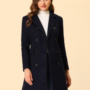 Winter Long Sleeve Notched Lapel Double Breasted Trench Coat Dark Blue/M - Allegra K catalog