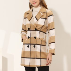 Buffalo Checks Double Breasted Notched Lapel Plaid Trench Pea Coat Khaki/XS - Allegra K catalog