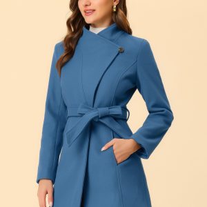 Classic Stand Collar Long Sleeve Winter Belted Coat Dark Grey Blue/L - Allegra K catalog