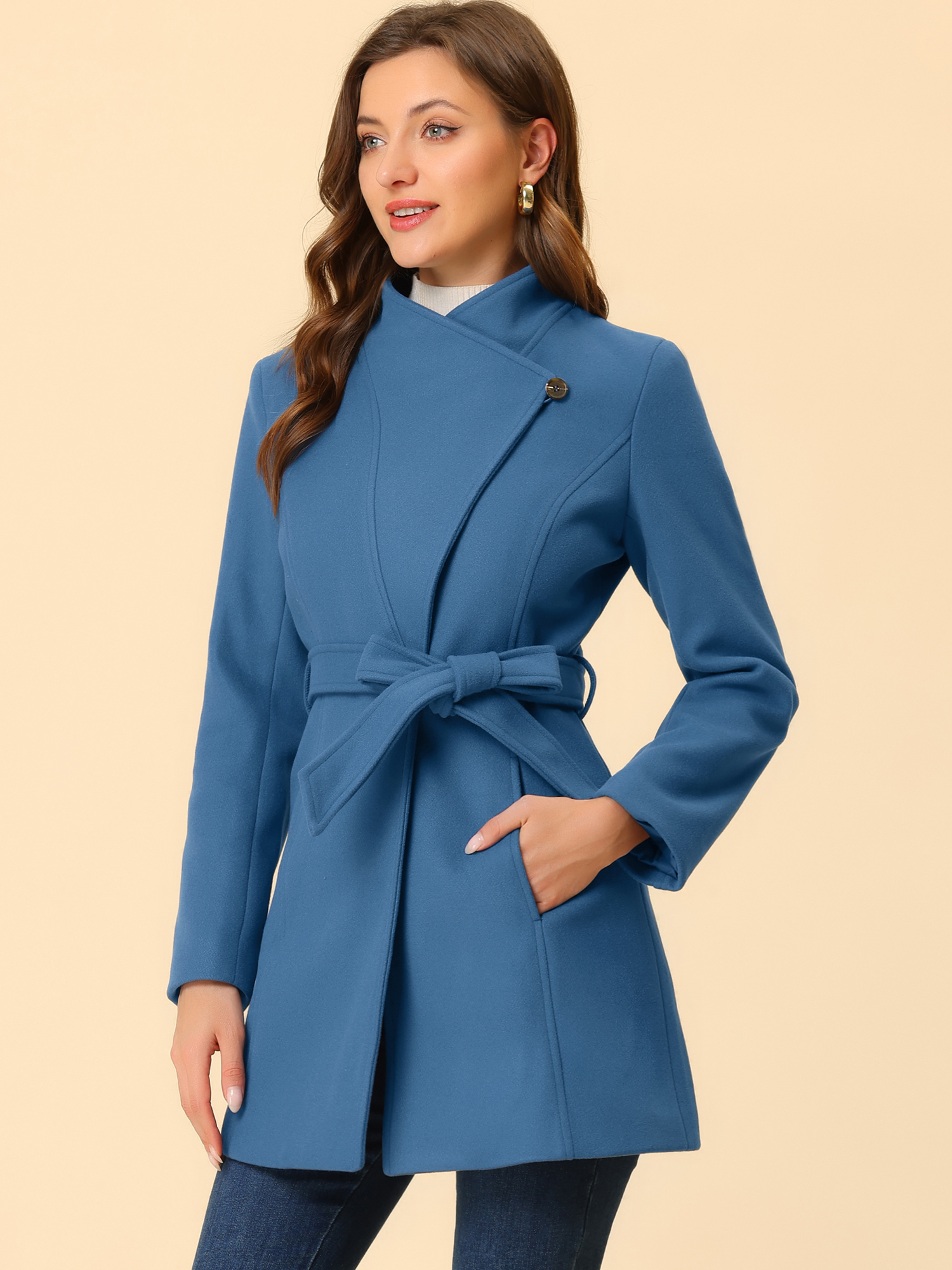 Classic Stand Collar Long Sleeve Winter Belted Coat Dark Grey Blue/L - Allegra K catalog