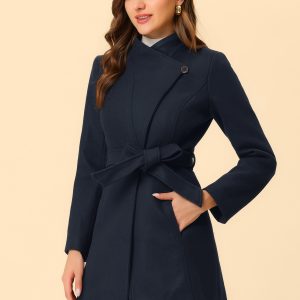 Classic Stand Collar Long Sleeve Winter Belted Coat Dark Blue/L - Allegra K catalog