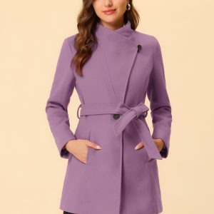 Classic Stand Collar Long Sleeve Winter Belted Coat Light Purple/S - Allegra K catalog