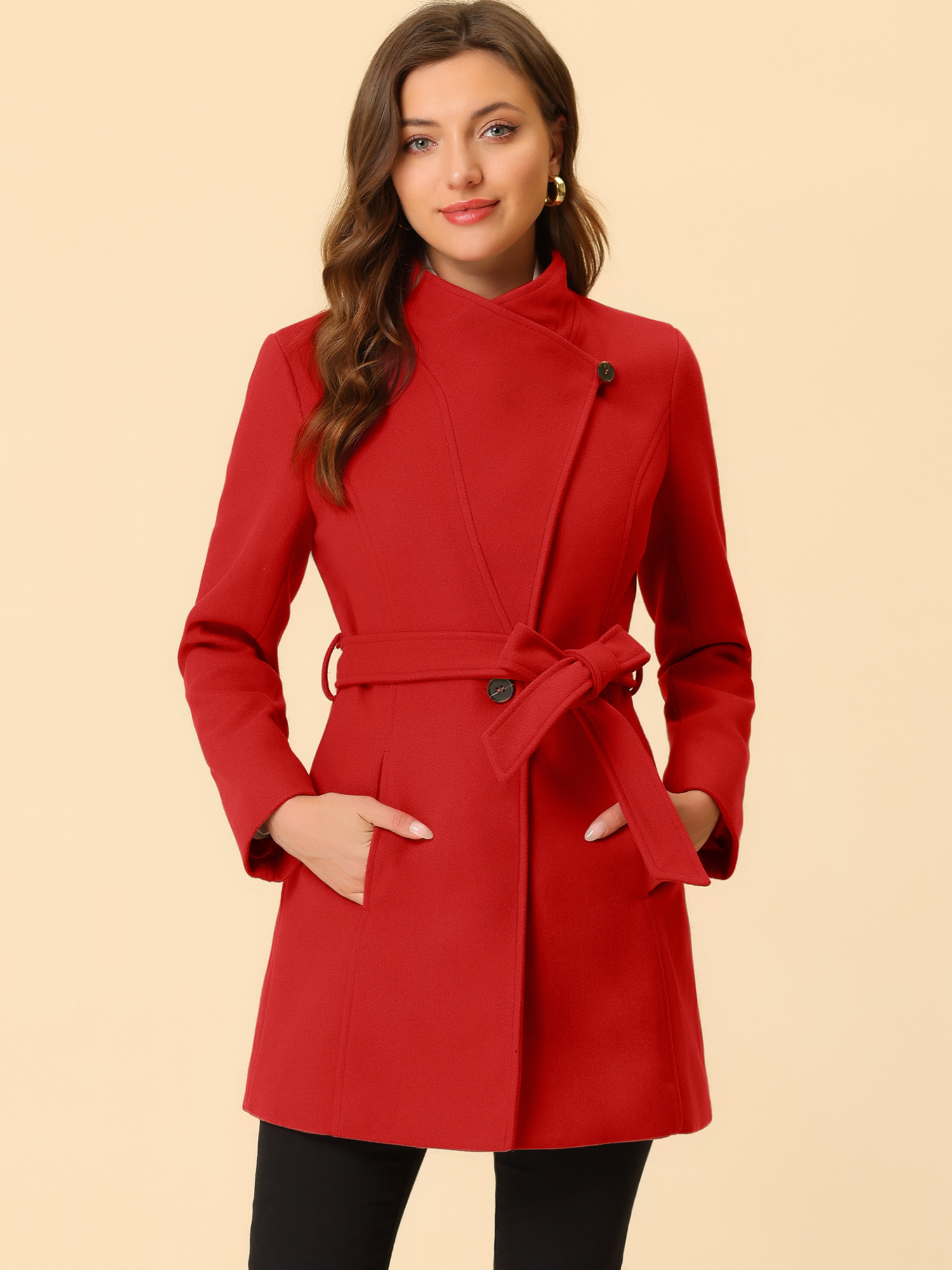 Classic Stand Collar Long Sleeve Belted Winter Coat Red/XS - Allegra K catalog