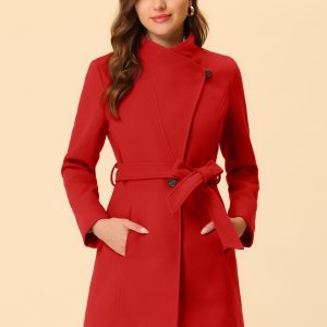 Classic Stand Collar Long Sleeve Belted Winter Coat Red/S - Allegra K catalog