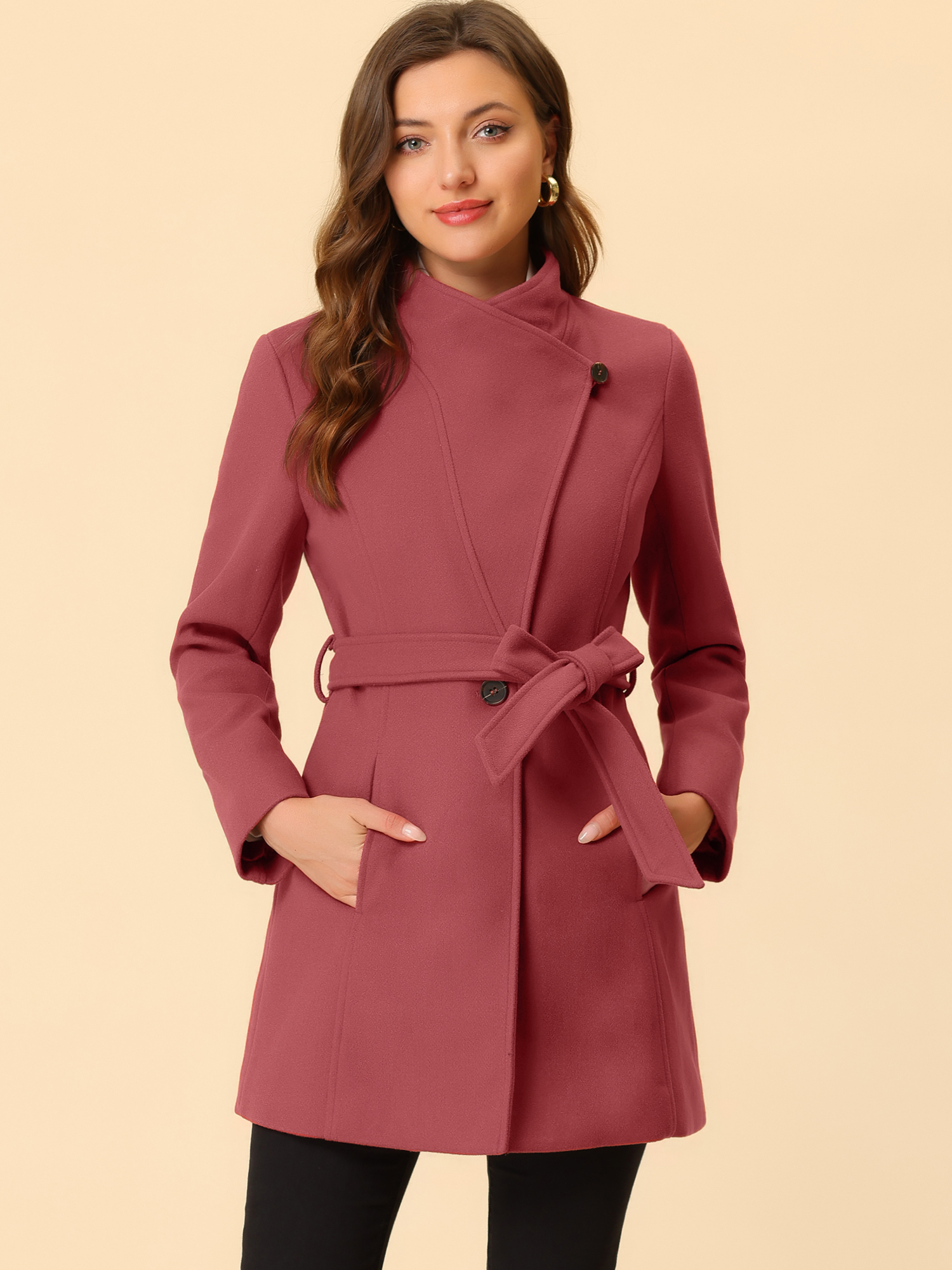 Classic Stand Collar Long Sleeve Belted Winter Coat Watermelon Red/S - Allegra K catalog