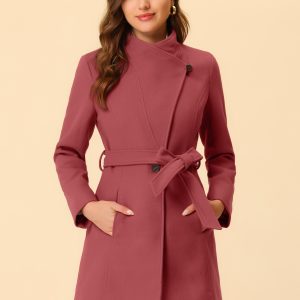 Classic Stand Collar Long Sleeve Belted Winter Coat Watermelon Red/M - Allegra K catalog