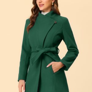 Classic Stand Collar Long Sleeve Winter Belted Coat Green/M - Allegra K catalog