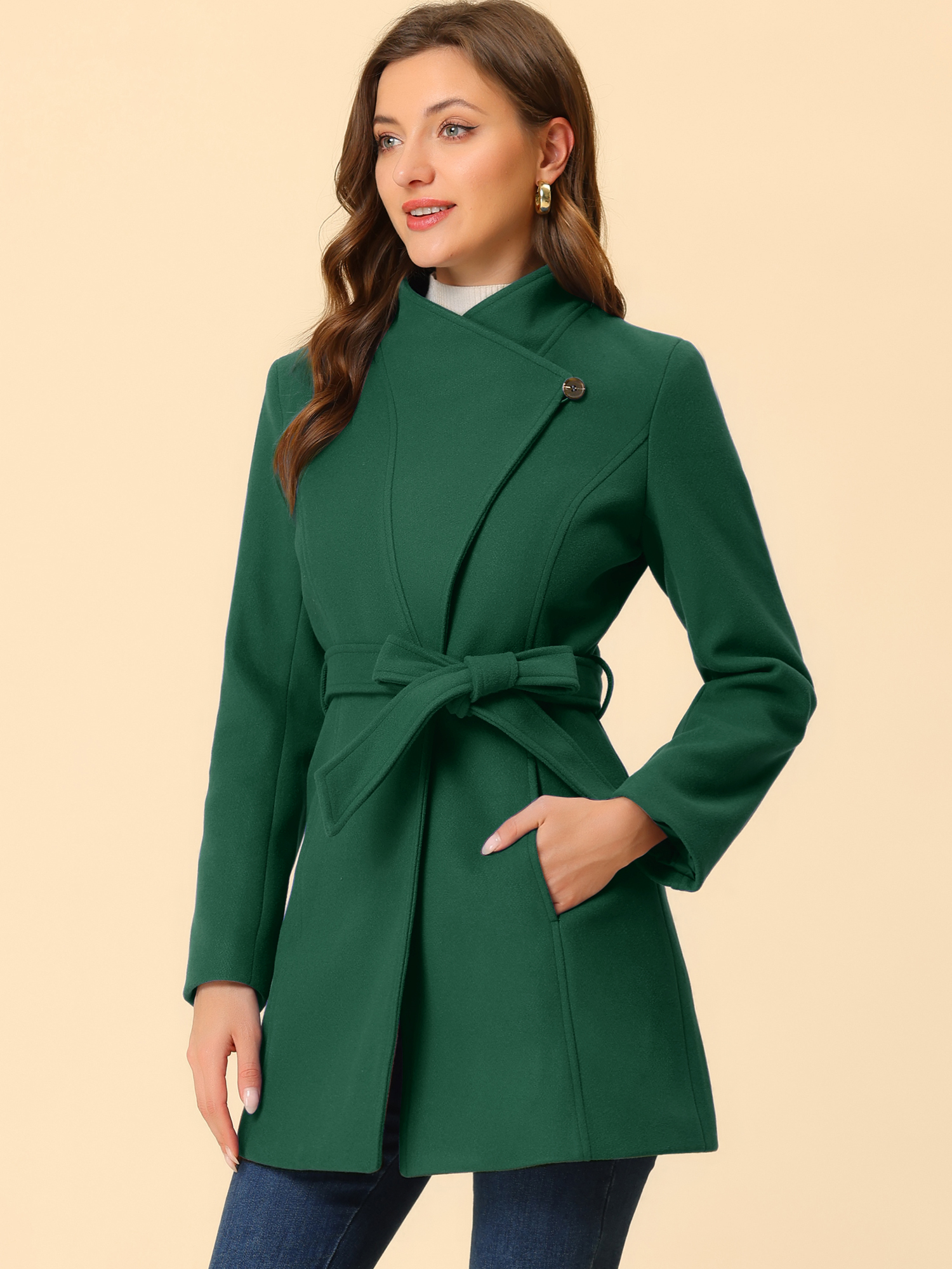 Classic Stand Collar Long Sleeve Winter Belted Coat Green/L - Allegra K catalog