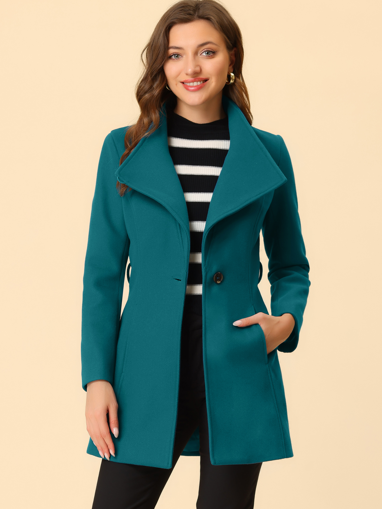 Classic Stand Collar Long Sleeve Belted Winter Coat Dark Lake Blue/XS - Allegra K catalog