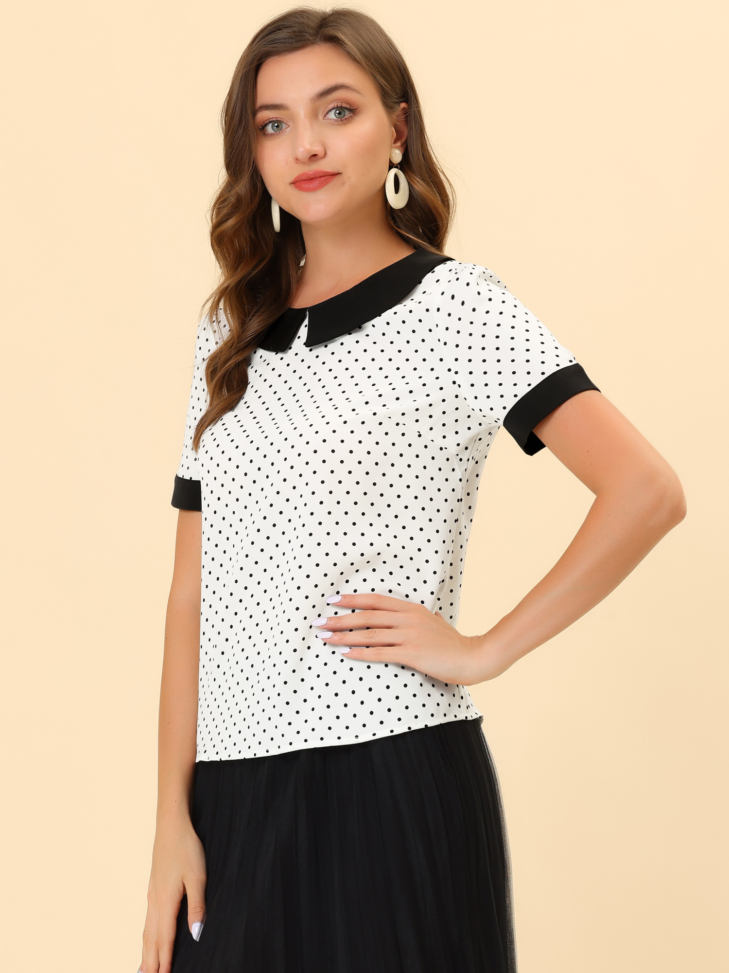 Peter Pan Collar Vintage Polka Dots Short Sleeves Blouse White/S - Allegra K catalog