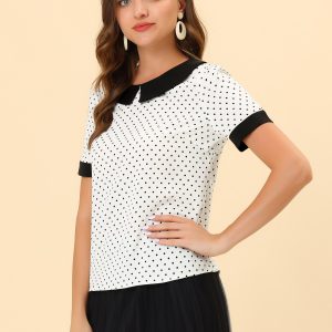Peter Pan Collar Vintage Polka Dots Short Sleeves Blouse White/XL - Allegra K catalog