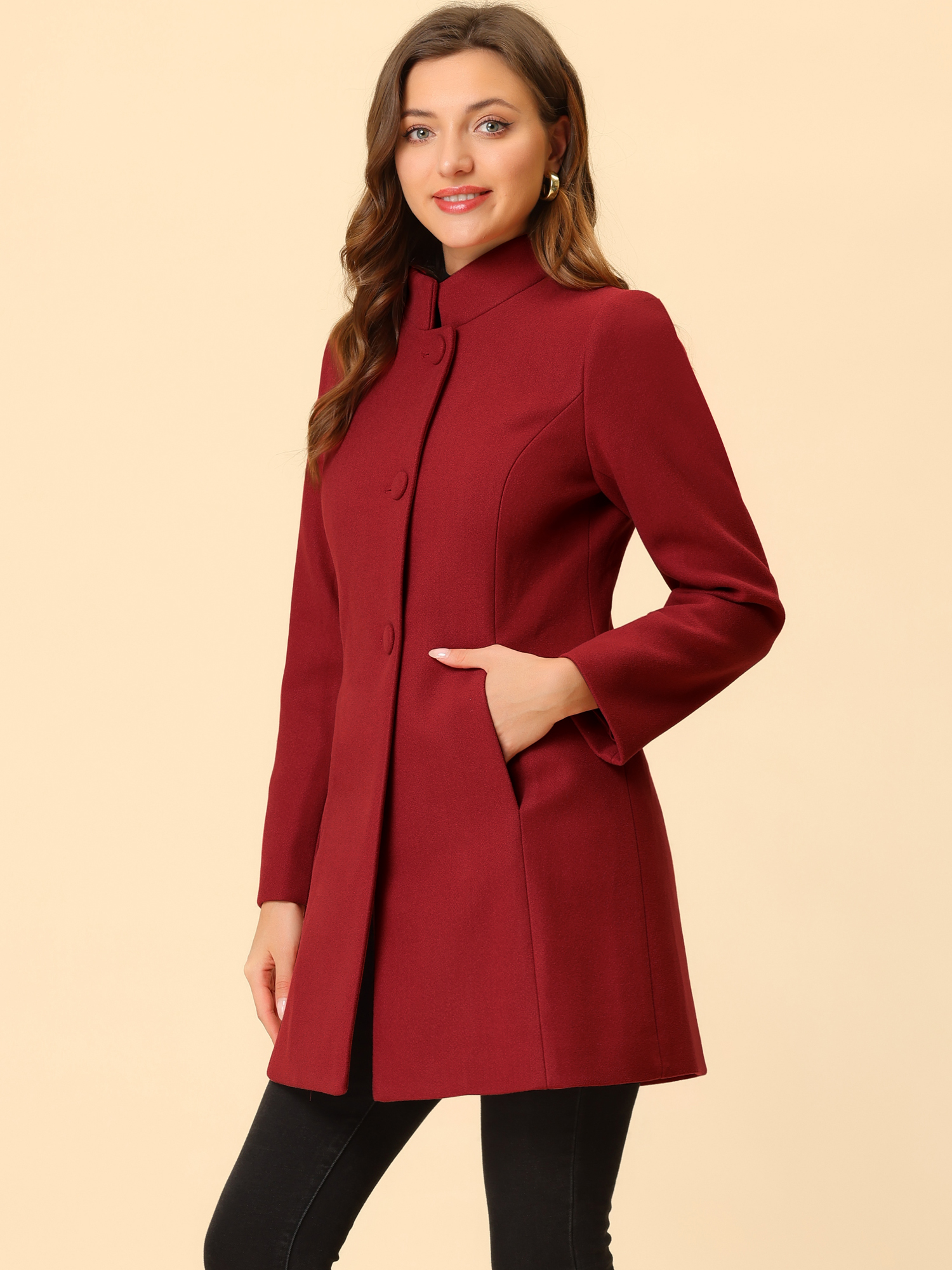 Stand Collar Single Breasted Solid Color Pea Coat Red/XS - Allegra K catalog