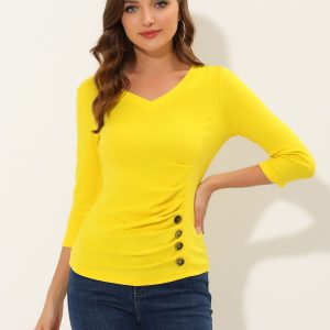 3/4 Sleeve Solid Knitted Button Decor Ruched Blouse Lemon Yellow/L - Allegra K catalog
