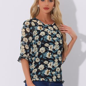 Casual Ruffle 3/4 Sleeve Floral Print Chiffon Blouse Blacks/XS - Allegra K catalog